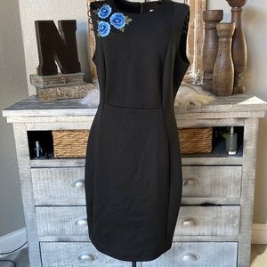 Black Calvin Klein dress blue embroidered flowers. Size 10